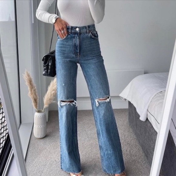 Zara Jeans Zara Wide Leg Full Length Ripped Jeans Poshmark